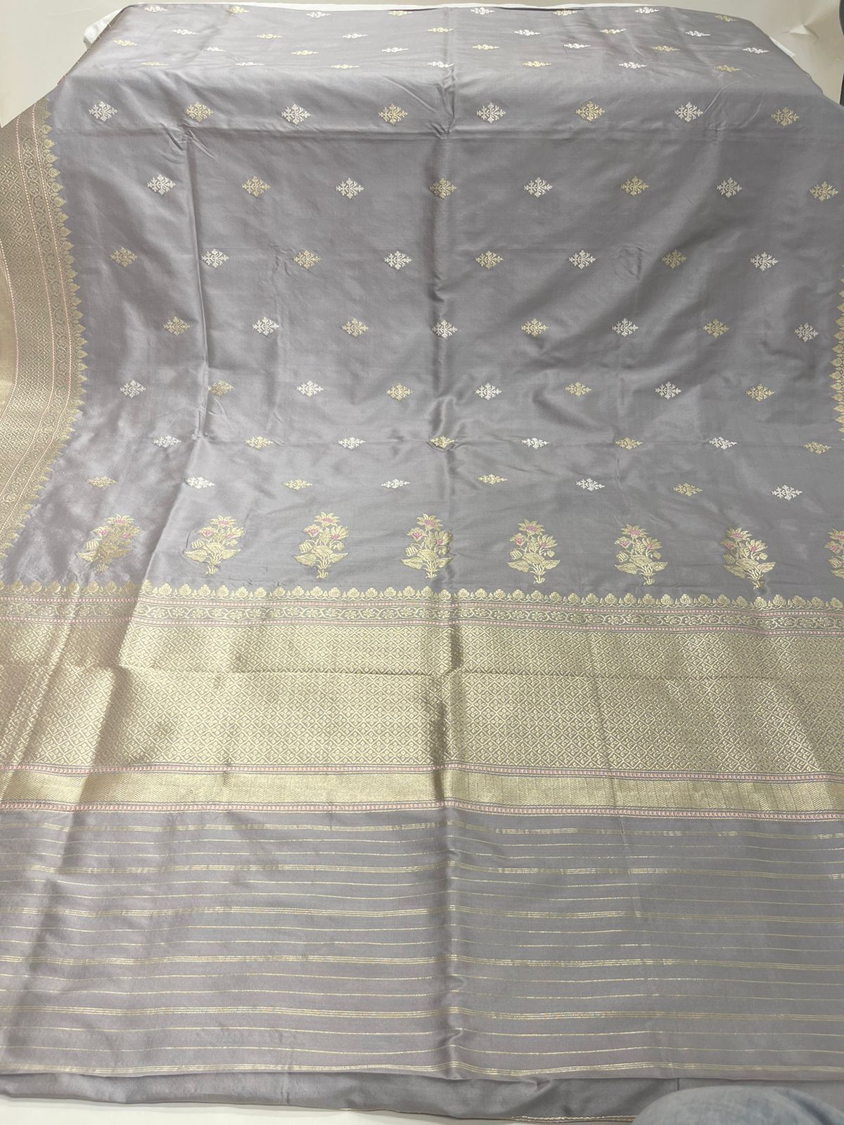 Faishana Pure Handloom Grey Saree with Swastik Gold and Silver Booti Kadhwa Zari Border and Grey Blouse