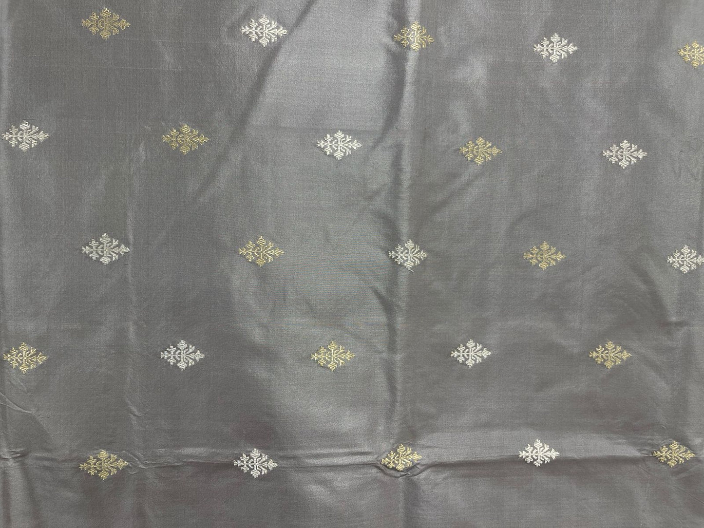 Faishana Pure Handloom Grey Saree with Swastik Gold and Silver Booti Kadhwa Zari Border and Grey Blouse