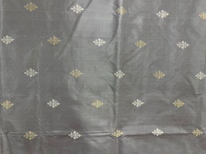 Faishana Pure Handloom Grey Saree with Swastik Gold and Silver Booti Kadhwa Zari Border and Grey Blouse