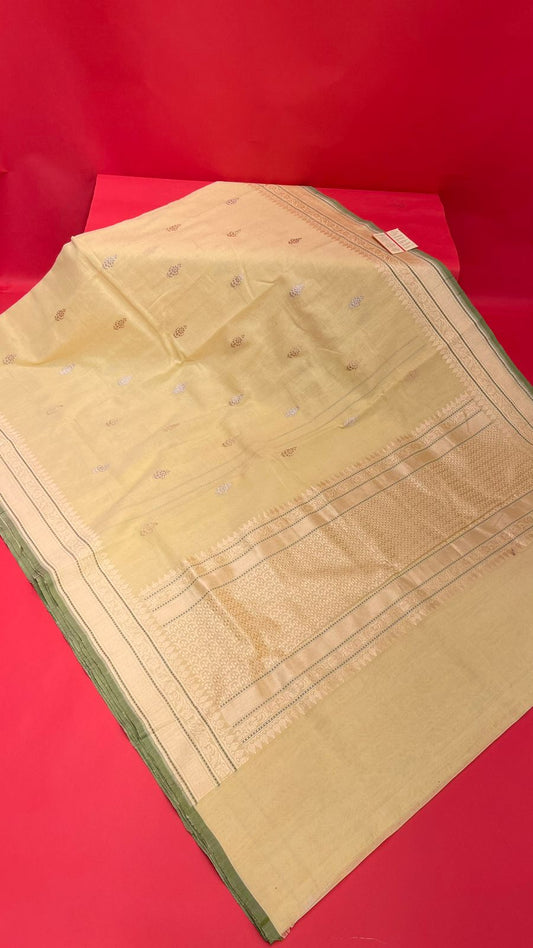 Faishana Pure Handloom Lime Yellow Cotton Banarasi Saree with Kadhwa Golden Silver Booti Border and Beige Kadhwa Blouse