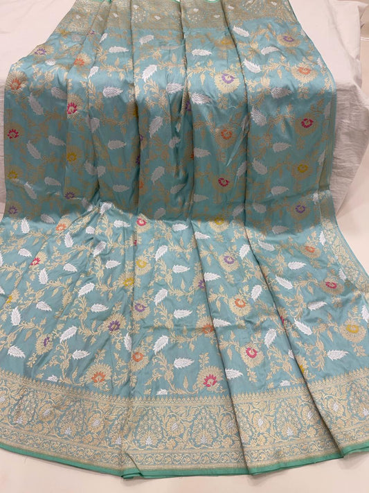 Exquisite Elegance: Faishana Pure Handloom Katan Silk Seagreen Kadhwa Minakari Floral Jangla Jaal Booti and Kadhwa Mina pallu with Sea green Blouse
