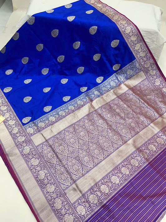Exquisite Faishana Pure Handloom Royal Blue Katan Silk Kadhwa Boota Saree with Zari Border and Contrast Purple Blouse
