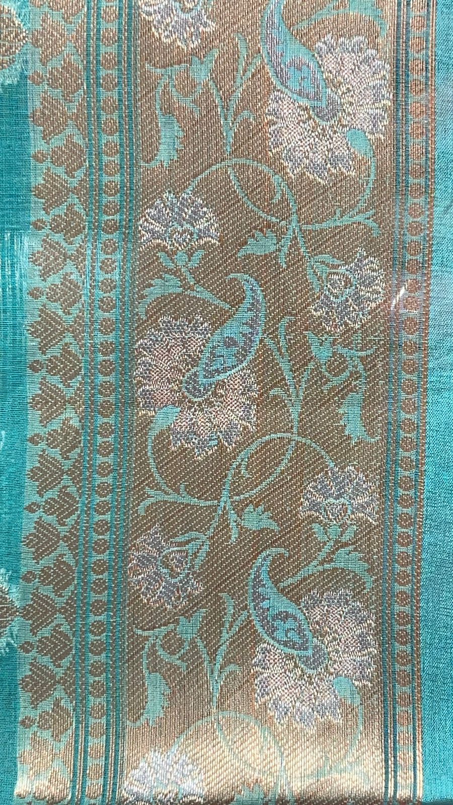 Faishana Pure Silk Handloom Seagreen Organza Antique Golden Zari Boota with Kadiyal Zari Anchal with Banarasi Broad Border and Seagreen Blouse