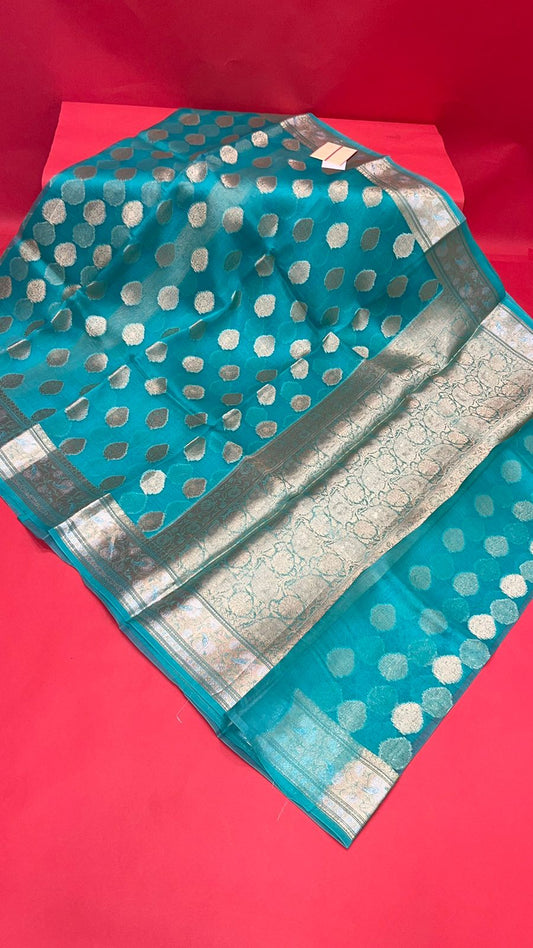 Faishana Pure Silk Handloom Seagreen Organza Antique Golden Zari Boota with Kadiyal Zari Anchal with Banarasi Broad Border and Seagreen Blouse