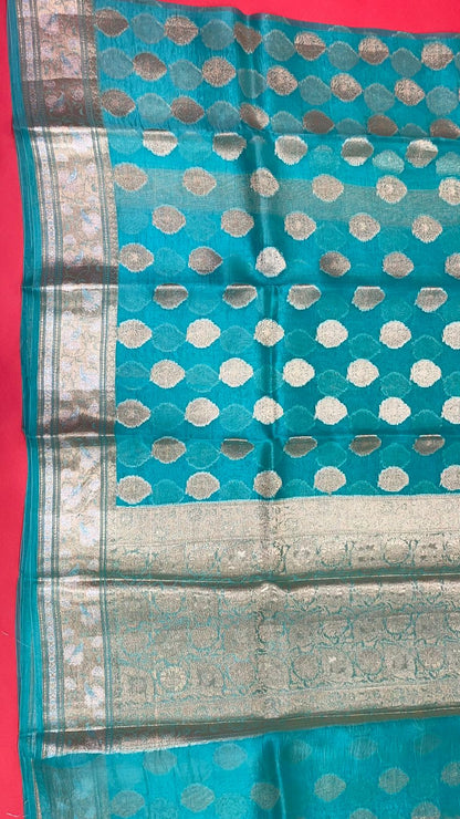 Faishana Pure Silk Handloom Seagreen Organza Antique Golden Zari Boota with Kadiyal Zari Anchal with Banarasi Broad Border and Seagreen Blouse