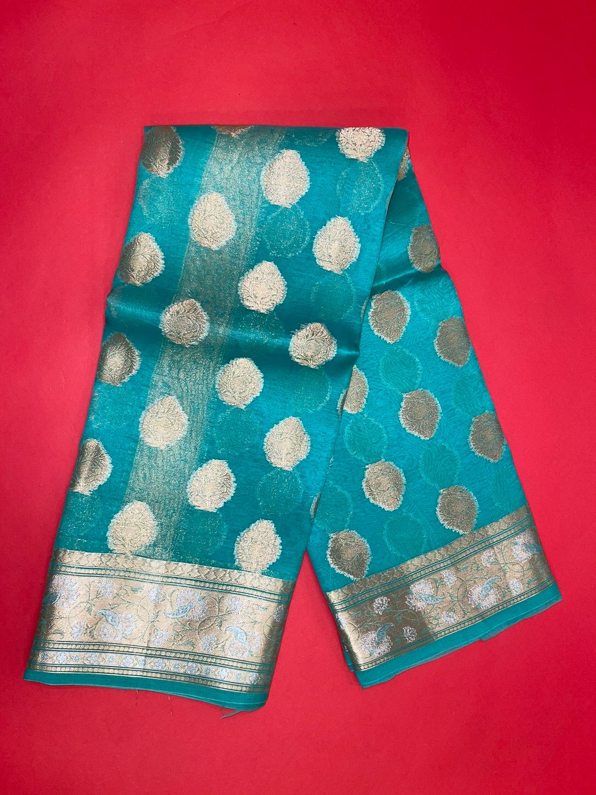 Faishana Pure Silk Handloom Seagreen Organza Antique Golden Zari Boota with Kadiyal Zari Anchal with Banarasi Broad Border and Seagreen Blouse