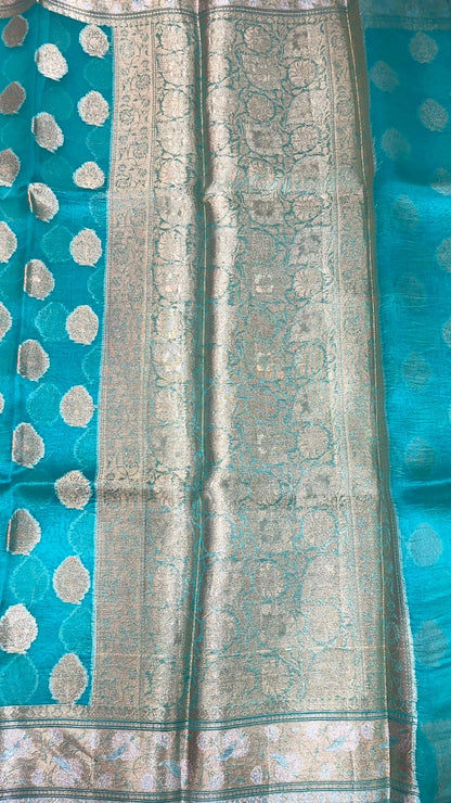 Faishana Pure Silk Handloom Seagreen Organza Antique Golden Zari Boota with Kadiyal Zari Anchal with Banarasi Broad Border and Seagreen Blouse