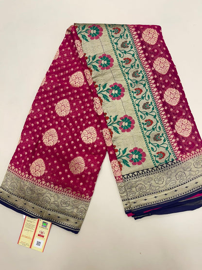 Radiant Elegance: Faishana Pure Silk Handloom Magenta Khaddi Georgette Golden Zari Chunri Boota Paithani Anchal with Navy Blue Blouse Banarasi Saree