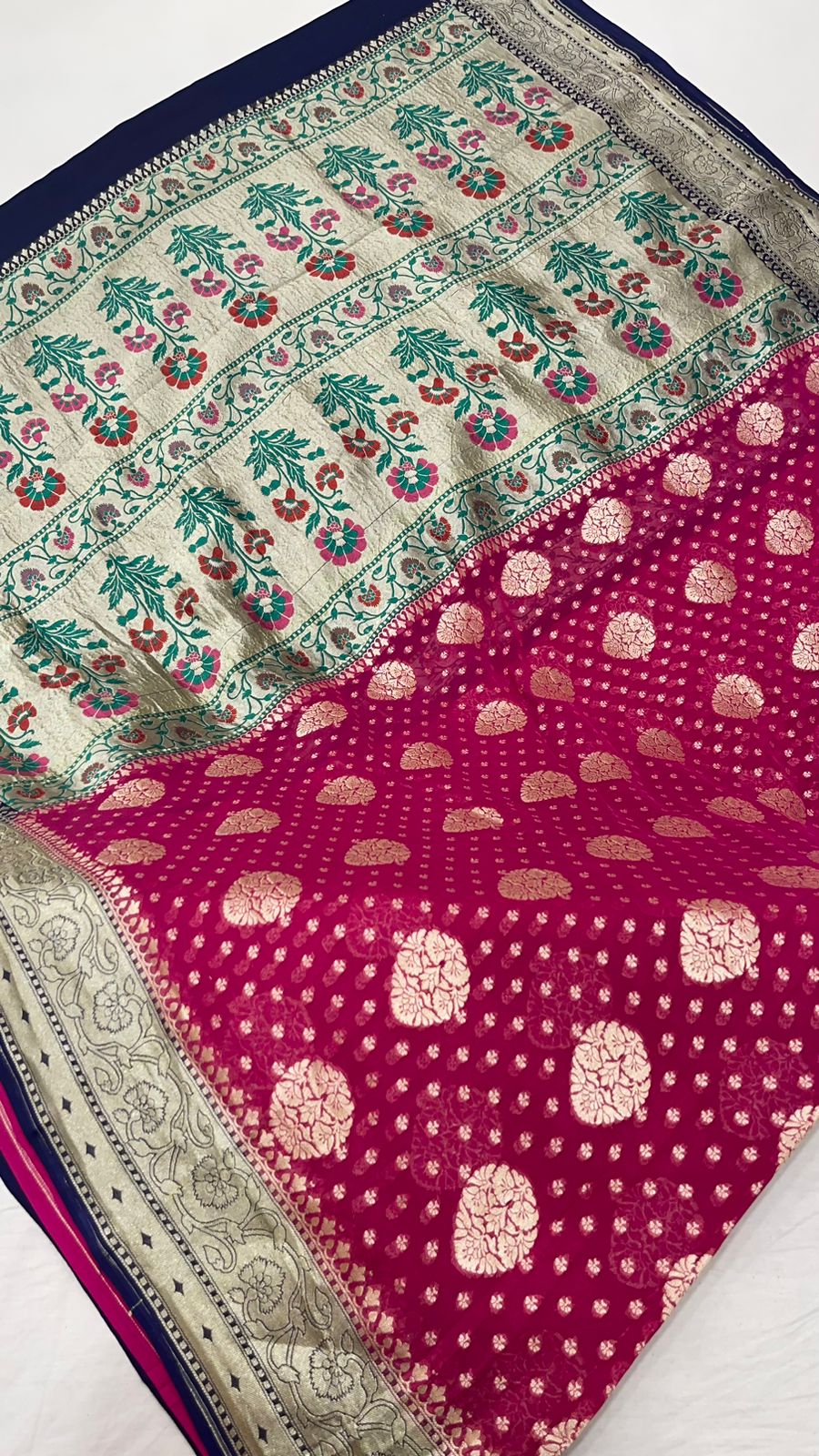 Radiant Elegance: Faishana Pure Silk Handloom Magenta Khaddi Georgette Golden Zari Chunri Boota Paithani Anchal with Navy Blue Blouse Banarasi Saree