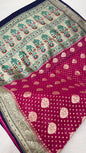 Radiant Elegance: Faishana Pure Silk Handloom Magenta Khaddi Georgette Golden Zari Chunri Boota Paithani Anchal with Navy Blue Blouse Banarasi Saree