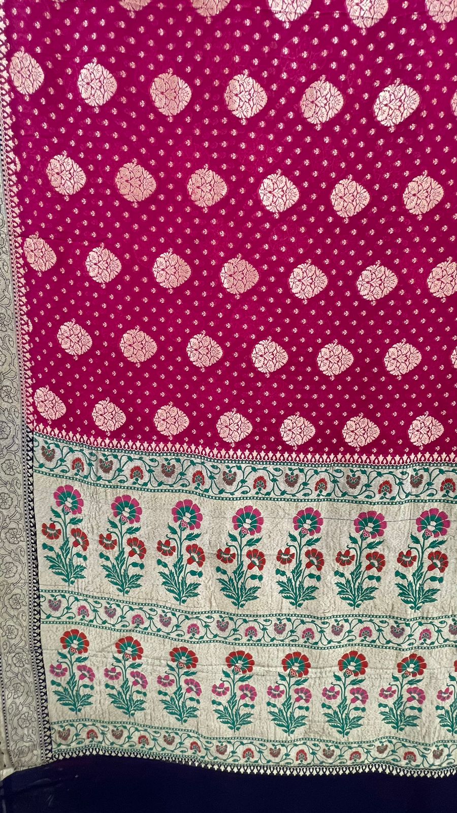 Radiant Elegance: Faishana Pure Silk Handloom Magenta Khaddi Georgette Golden Zari Chunri Boota Paithani Anchal with Navy Blue Blouse Banarasi Saree
