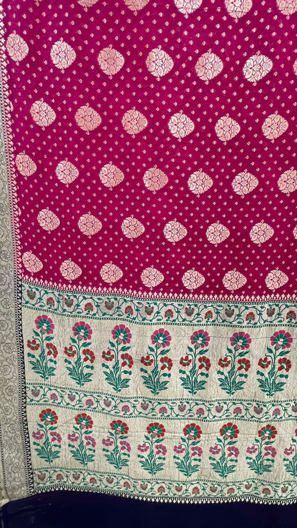 Radiant Elegance: Faishana Pure Silk Handloom Magenta Khaddi Georgette Golden Zari Chunri Boota Paithani Anchal with Navy Blue Blouse Banarasi Saree