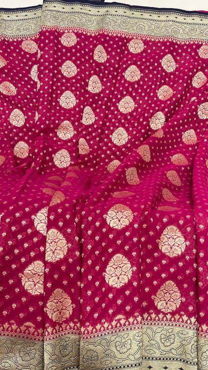 Radiant Elegance: Faishana Pure Silk Handloom Magenta Khaddi Georgette Golden Zari Chunri Boota Paithani Anchal with Navy Blue Blouse Banarasi Saree