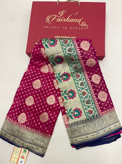 Radiant Elegance: Faishana Pure Silk Handloom Magenta Khaddi Georgette Golden Zari Chunri Boota Paithani Anchal with Navy Blue Blouse Banarasi Saree
