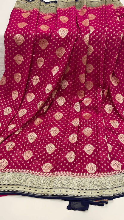 Radiant Elegance: Faishana Pure Silk Handloom Magenta Khaddi Georgette Golden Zari Chunri Boota Paithani Anchal with Navy Blue Blouse Banarasi Saree