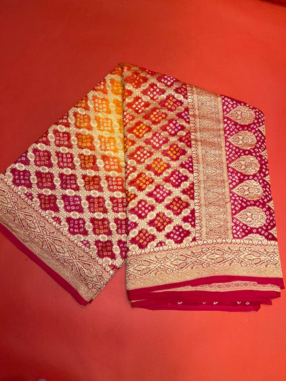 Sunset Splendor: Faishana's Vibrant 2D Yellow and Orange Katan Georgette Bandhej Zari Kadhwa Jaal Chunri Booti with Kadhwa Contrasting Red Pallu and Blouse Saree