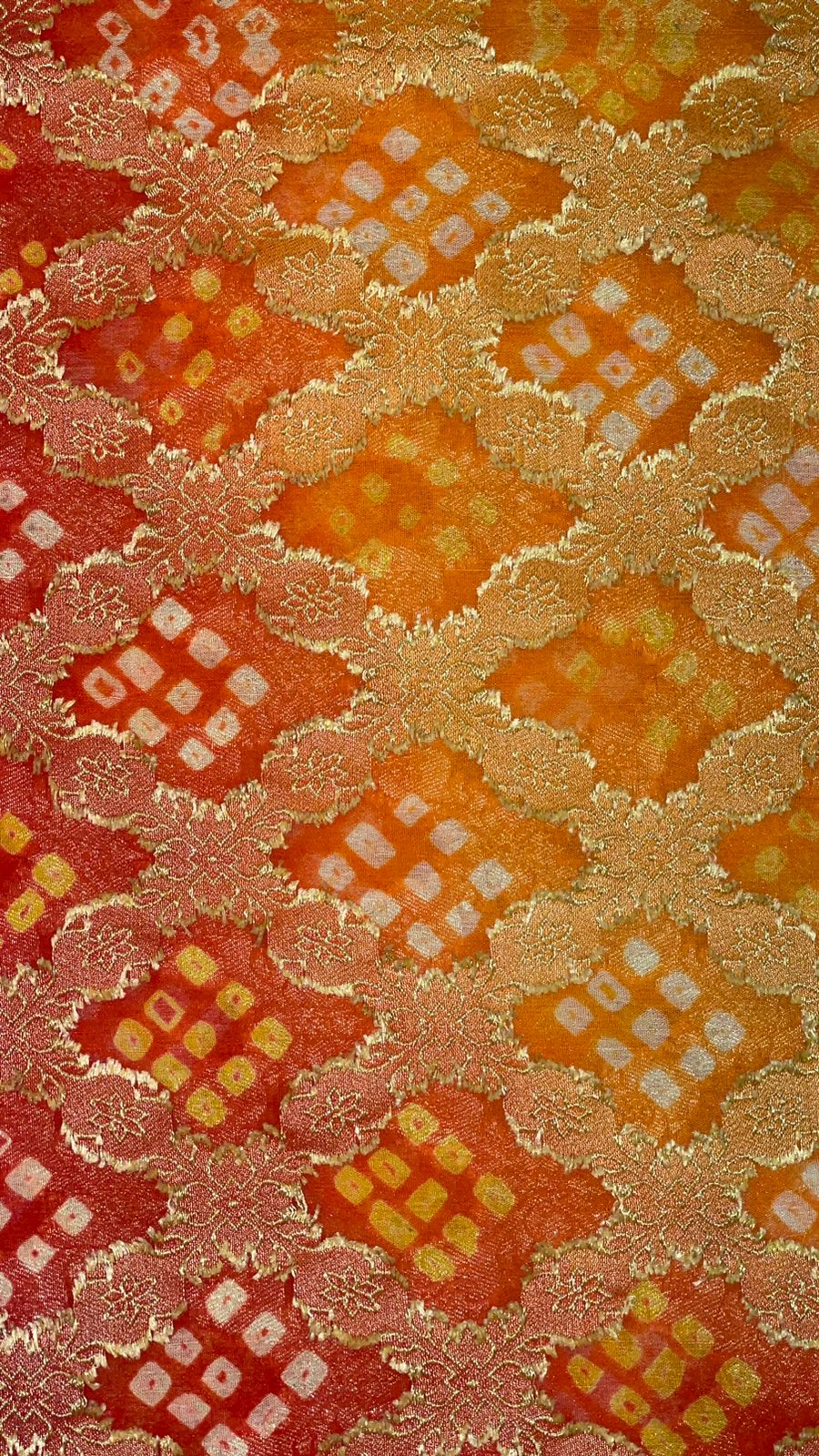 Sunset Splendor: Faishana's Vibrant 2D Yellow and Orange Katan Georgette Bandhej Zari Kadhwa Jaal Chunri Booti with Kadhwa Contrasting Red Pallu and Blouse Saree
