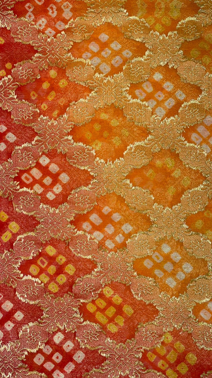 Sunset Splendor: Faishana's Vibrant 2D Yellow and Orange Katan Georgette Bandhej Zari Kadhwa Jaal Chunri Booti with Kadhwa Contrasting Red Pallu and Blouse Saree