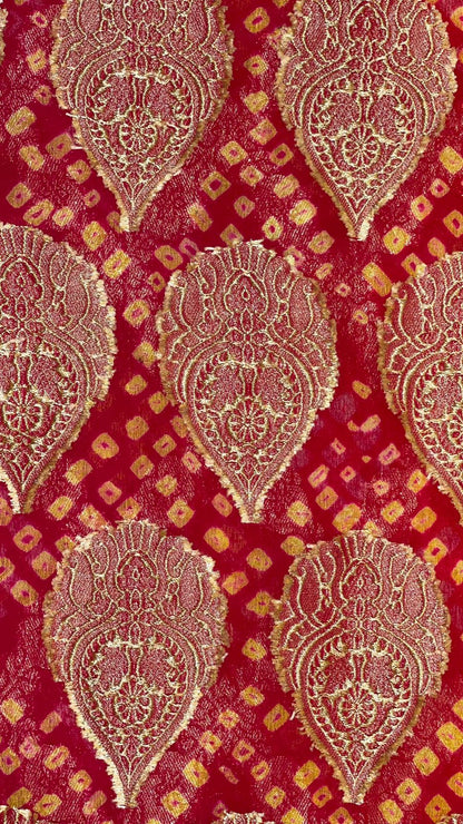 Sunset Splendor: Faishana's Vibrant 2D Yellow and Orange Katan Georgette Bandhej Zari Kadhwa Jaal Chunri Booti with Kadhwa Contrasting Red Pallu and Blouse Saree