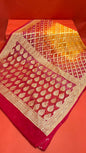 Sunset Splendor: Faishana's Vibrant 2D Yellow and Orange Katan Georgette Bandhej Zari Kadhwa Jaal Chunri Booti with Kadhwa Contrasting Red Pallu and Blouse Saree