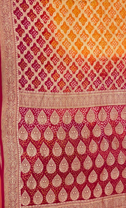 Sunset Splendor: Faishana's Vibrant 2D Yellow and Orange Katan Georgette Bandhej Zari Kadhwa Jaal Chunri Booti with Kadhwa Contrasting Red Pallu and Blouse Saree