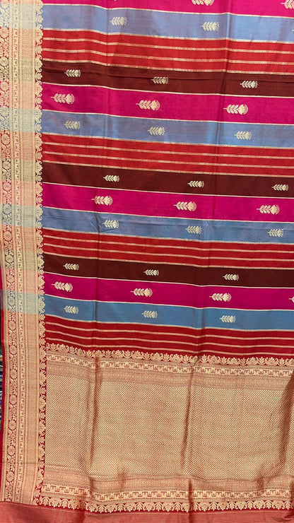 Exquisite Faishana Pure Silk Handloom: Katan Silk Rang Kaat Kadhwa Strip Booti Saree with Kadhwa Zari Border and Red Blouse