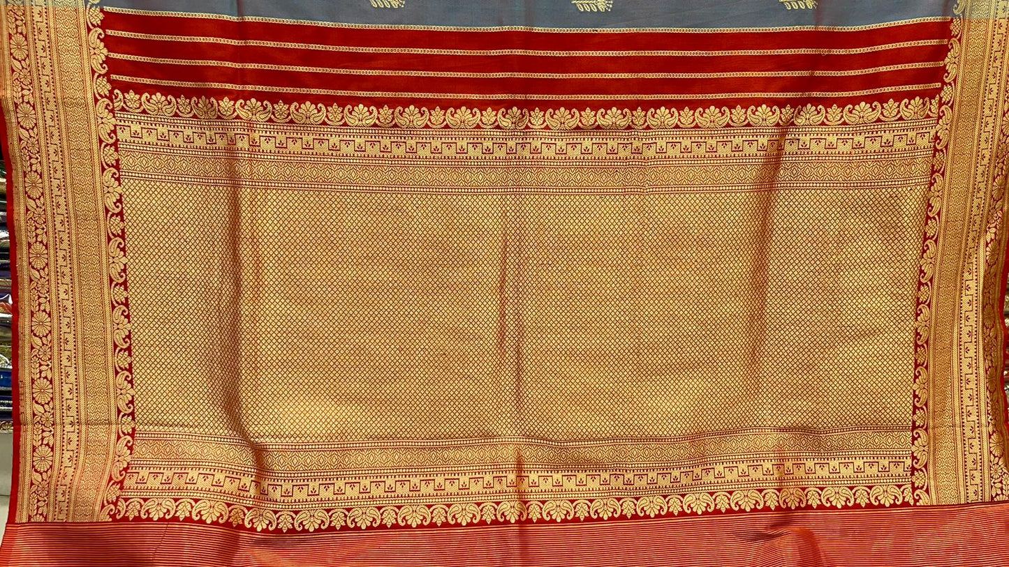 Exquisite Faishana Pure Silk Handloom: Katan Silk Rang Kaat Kadhwa Strip Booti Saree with Kadhwa Zari Border and Red Blouse