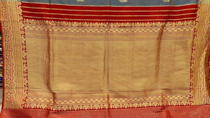 Exquisite Faishana Pure Silk Handloom: Katan Silk Rang Kaat Kadhwa Strip Booti Saree with Kadhwa Zari Border and Red Blouse