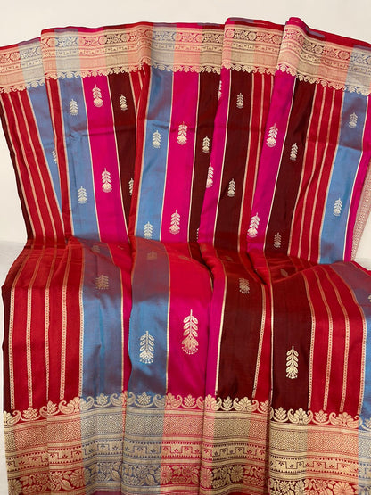Exquisite Faishana Pure Silk Handloom: Katan Silk Rang Kaat Kadhwa Strip Booti Saree with Kadhwa Zari Border and Red Blouse
