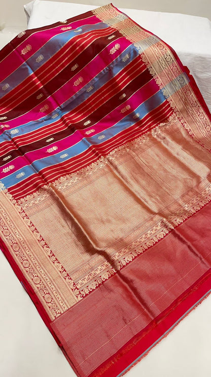 Exquisite Faishana Pure Silk Handloom: Katan Silk Rang Kaat Kadhwa Strip Booti Saree with Kadhwa Zari Border and Red Blouse