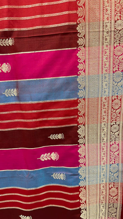 Exquisite Faishana Pure Silk Handloom: Katan Silk Rang Kaat Kadhwa Strip Booti Saree with Kadhwa Zari Border and Red Blouse