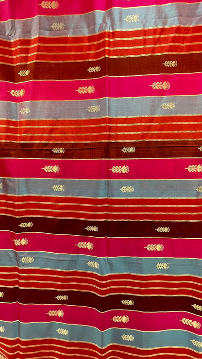 Exquisite Faishana Pure Silk Handloom: Katan Silk Rang Kaat Kadhwa Strip Booti Saree with Kadhwa Zari Border and Red Blouse