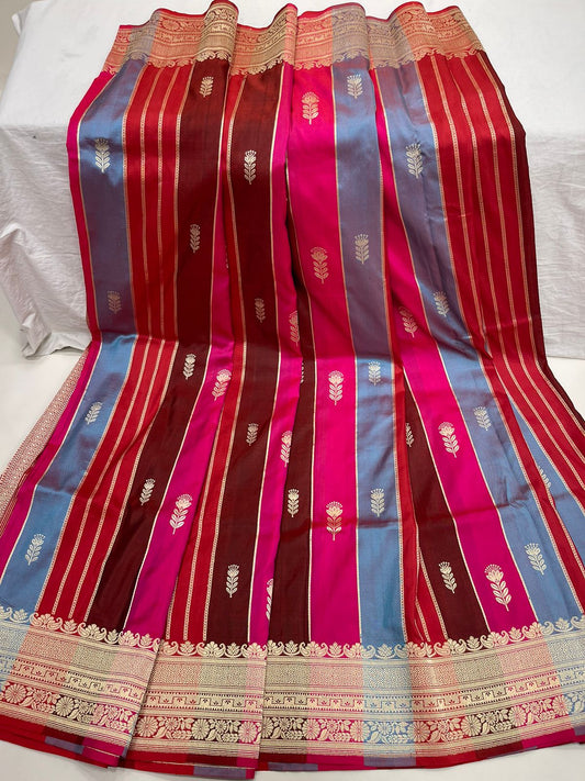 Exquisite Faishana Pure Silk Handloom: Katan Silk Rang Kaat Kadhwa Strip Booti Saree with Kadhwa Zari Border and Red Blouse