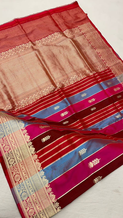 Exquisite Faishana Pure Silk Handloom: Katan Silk Rang Kaat Kadhwa Strip Booti Saree with Kadhwa Zari Border and Red Blouse