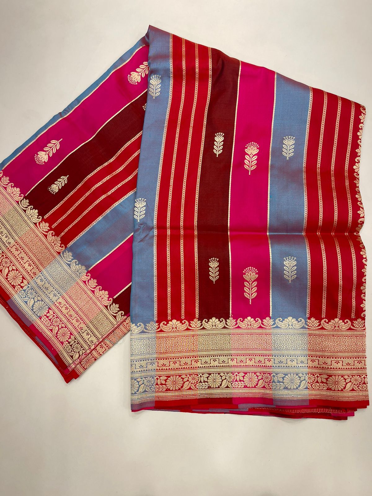 Exquisite Faishana Pure Silk Handloom: Katan Silk Rang Kaat Kadhwa Strip Booti Saree with Kadhwa Zari Border and Red Blouse