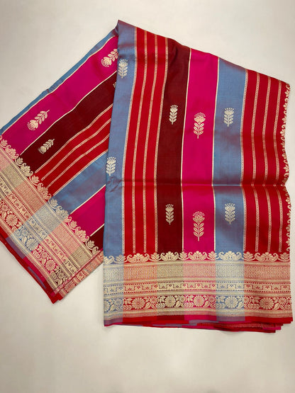 Exquisite Faishana Pure Silk Handloom: Katan Silk Rang Kaat Kadhwa Strip Booti Saree with Kadhwa Zari Border and Red Blouse