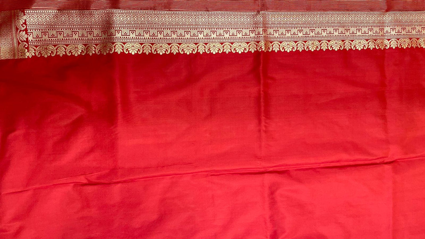 Exquisite Faishana Pure Silk Handloom: Katan Silk Rang Kaat Kadhwa Strip Booti Saree with Kadhwa Zari Border and Red Blouse