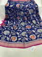 Faishana's Elegance in Bloom: Pure Silk Handloom Navy Blue Floral Mina Jaal Khaddi Georgette Saree with Pink Kadhwa Anchal & Blouse