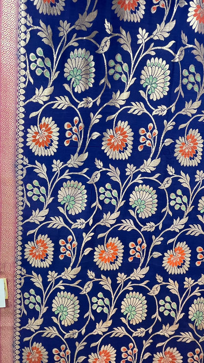 Faishana's Elegance in Bloom: Pure Silk Handloom Navy Blue Floral Mina Jaal Khaddi Georgette Saree with Pink Kadhwa Anchal & Blouse