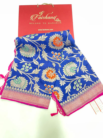 Faishana's Elegance in Bloom: Pure Silk Handloom Navy Blue Floral Mina Jaal Khaddi Georgette Saree with Pink Kadhwa Anchal & Blouse