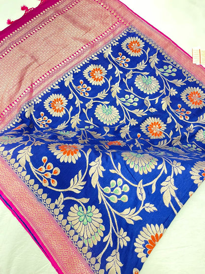 Faishana's Elegance in Bloom: Pure Silk Handloom Navy Blue Floral Mina Jaal Khaddi Georgette Saree with Pink Kadhwa Anchal & Blouse