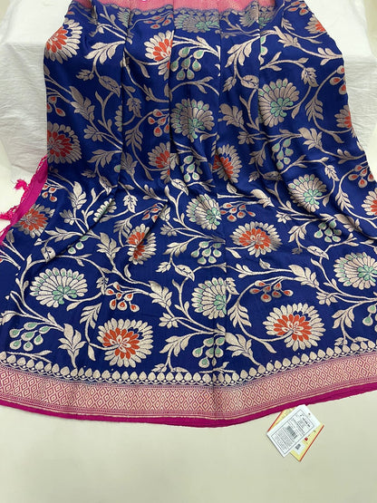 Faishana's Elegance in Bloom: Pure Silk Handloom Navy Blue Floral Mina Jaal Khaddi Georgette Saree with Pink Kadhwa Anchal & Blouse