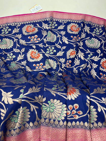 Faishana's Elegance in Bloom: Pure Silk Handloom Navy Blue Floral Mina Jaal Khaddi Georgette Saree with Pink Kadhwa Anchal & Blouse
