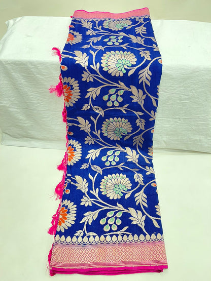 Faishana's Elegance in Bloom: Pure Silk Handloom Navy Blue Floral Mina Jaal Khaddi Georgette Saree with Pink Kadhwa Anchal & Blouse