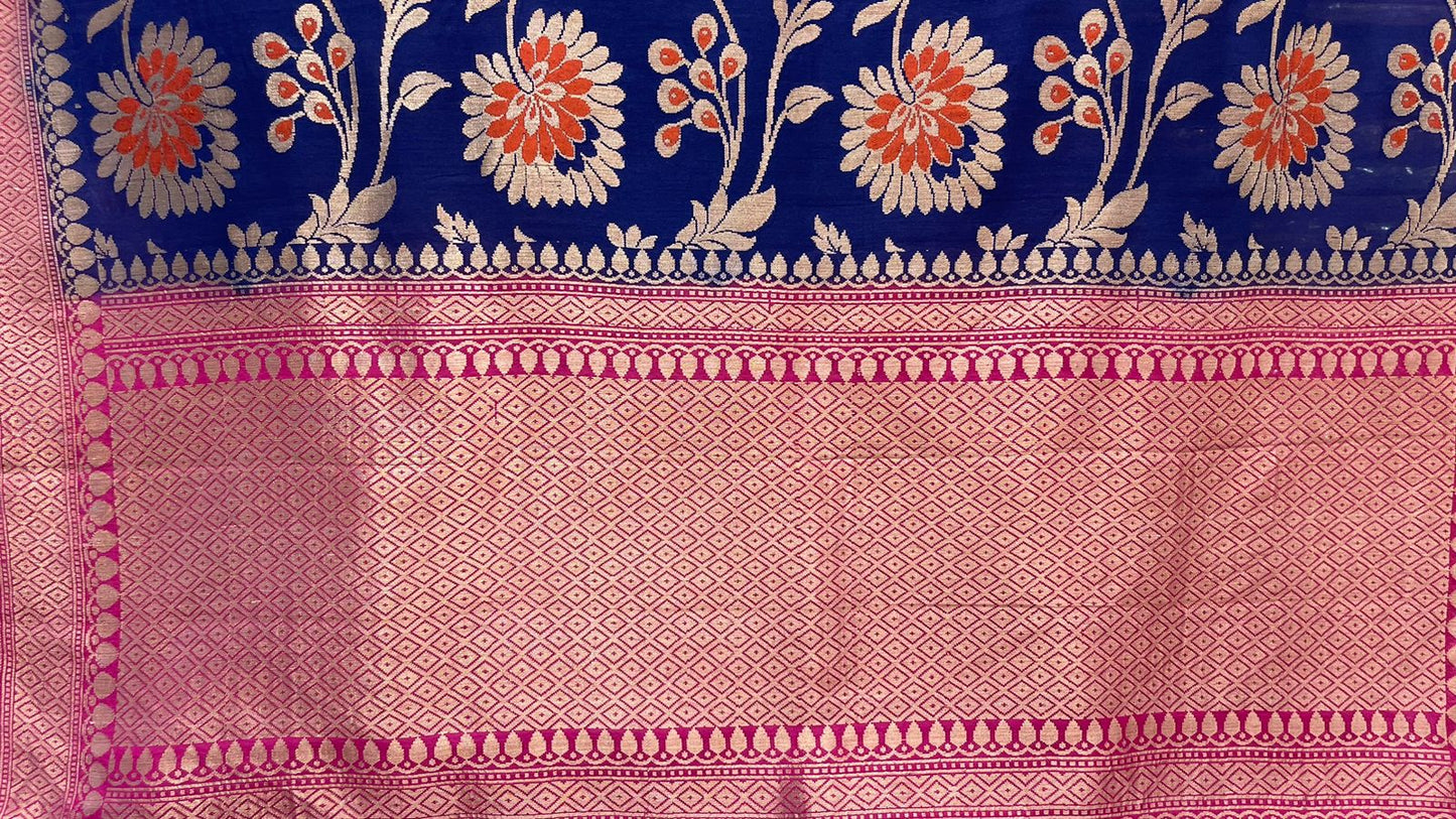 Faishana's Elegance in Bloom: Pure Silk Handloom Navy Blue Floral Mina Jaal Khaddi Georgette Saree with Pink Kadhwa Anchal & Blouse