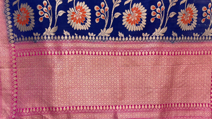 Faishana's Elegance in Bloom: Pure Silk Handloom Navy Blue Floral Mina Jaal Khaddi Georgette Saree with Pink Kadhwa Anchal & Blouse
