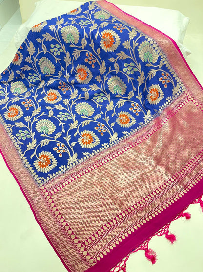 Faishana's Elegance in Bloom: Pure Silk Handloom Navy Blue Floral Mina Jaal Khaddi Georgette Saree with Pink Kadhwa Anchal & Blouse