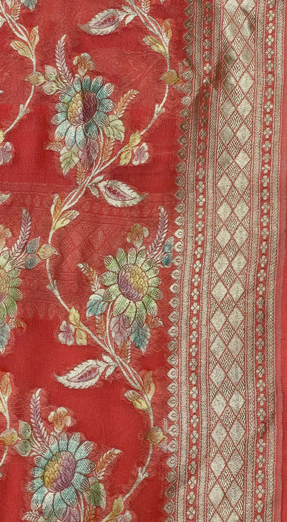 Faishana Pure Handloom Orange Khaddi Georgette Floral Hand painted Zari Jaal with Banarasi Zari Border and Orange Blouse