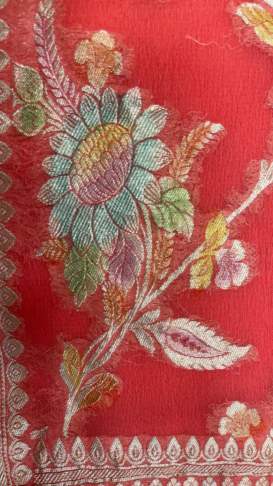 Faishana Pure Handloom Orange Khaddi Georgette Floral Hand painted Zari Jaal with Banarasi Zari Border and Orange Blouse