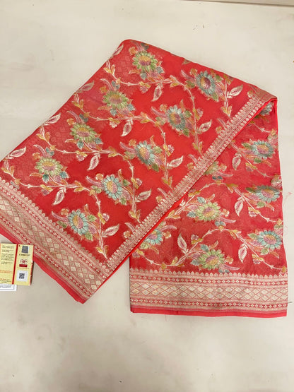 Faishana Pure Handloom Orange Khaddi Georgette Floral Hand painted Zari Jaal with Banarasi Zari Border and Orange Blouse